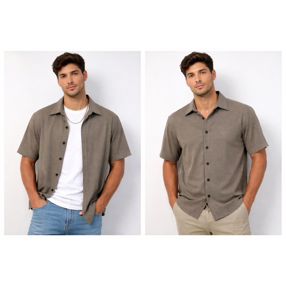 Anchor Blue Men's M Short Sleeve Button Up Shirt Brown Micro Check Casual Y2K